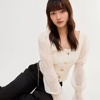 [Pomelo] เสื้อเชิ้ตแขนพองทรงเข้ารูป / Puffed Long Sleeve Top