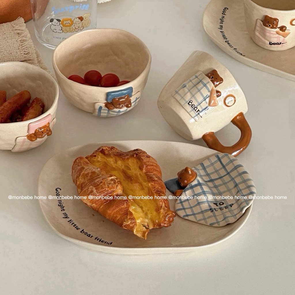 Sleeping Bear จานขนม จานชามเซรามิค แก้วinsหมีคลุมผ้าห่ม ส่งออกไปเกาหลี พร้อมส่ง