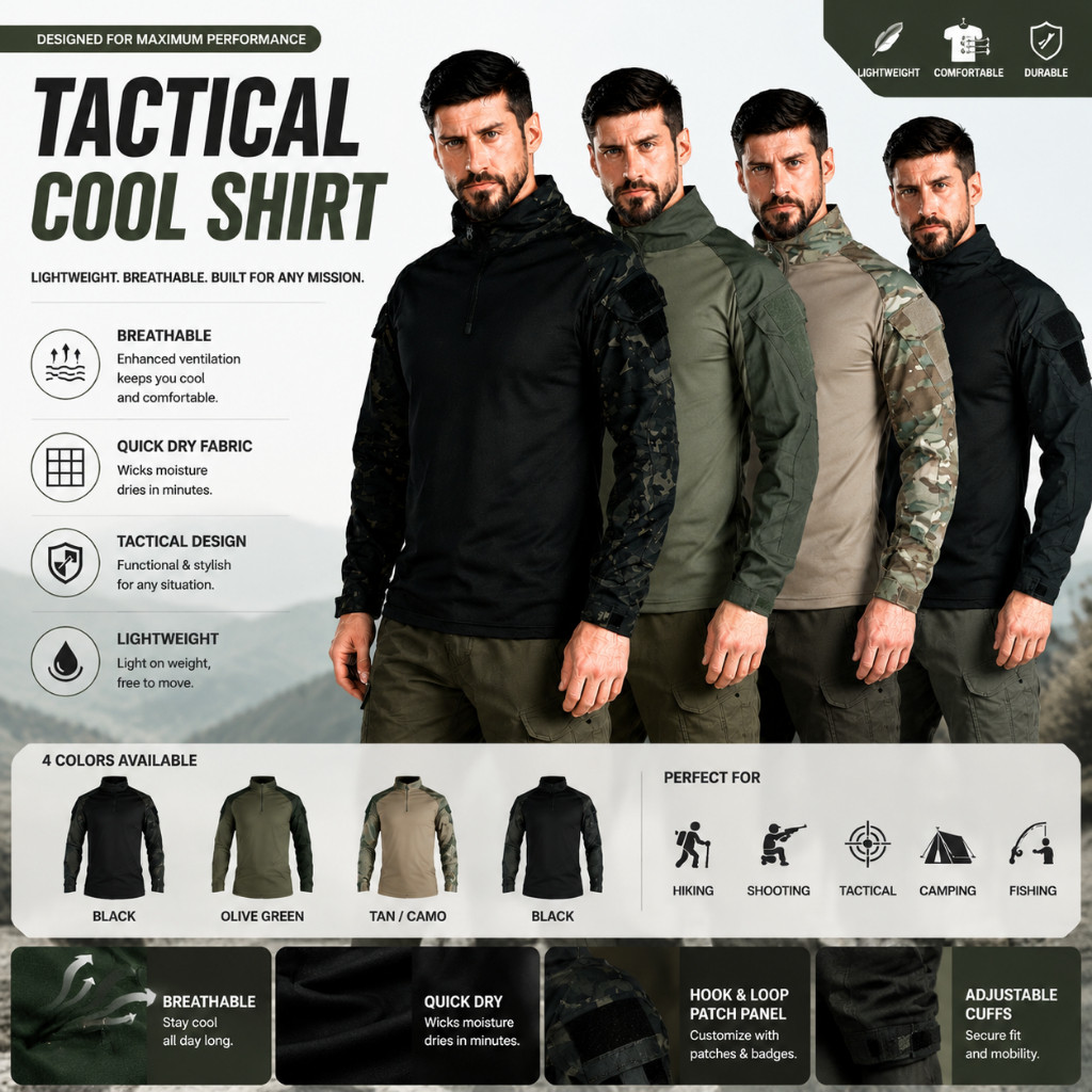 เสื้อคอมแบท เสื้อยืดแขนยาวยุทธวิธีมีซิป ผ้านิ่มเบาสบาย COMBAT SHIRT คล่องตัว สีดำ