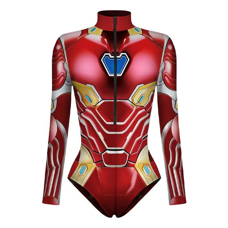 ผู้หญิง Marvel Iron Man สีแดงทองเกราะ 3D พิมพ์แขนยาวบอดี้สูทคอสูงด้านหน้าซิป Slim ยืด Superhero คอสเพลย์ Club Party Jumpsuit