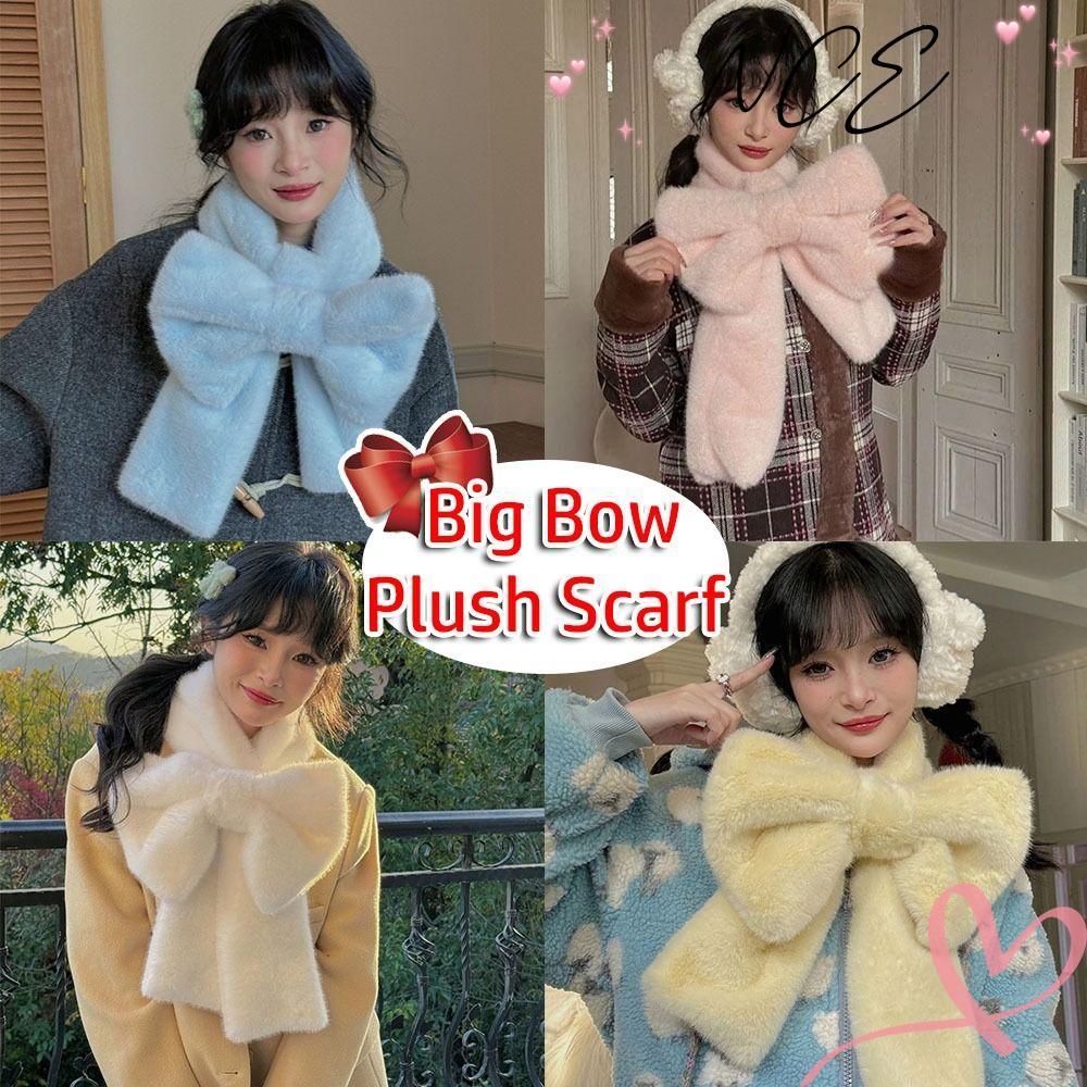 NCE คออุ่น, Thicken Big Bow Plush ผ้าพันคอ, Kawaii Windproof สีทึบผ้าพันคอผู้หญิงสาว
