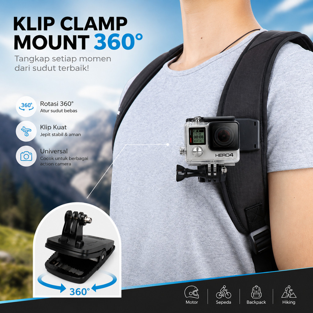 Vamson 360 Rotary Clamp Mount Clip สําหรับ GoPro Xiaomi Yi - VP512A