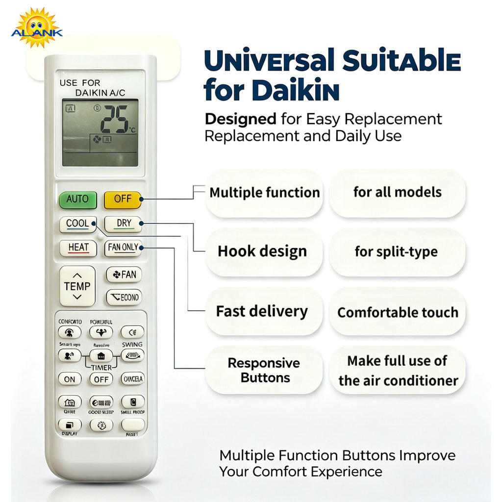 ALANK ทั่วไป ทุกสิ่ง เหมาะสำหรับรีโมตคอนโทรลเครื่องปรับอากาศ Daikin ตั้งค่าง่าย