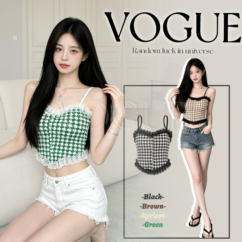 Vogue พร้อมส่ง เสื้อสายเดี่ยวทรงครอปลายสก็อต แต่งลูกไม้ทรงเข้ารูป สไตล์เกาหลีแมตช์เข้ากับทุกลุค (FY168)