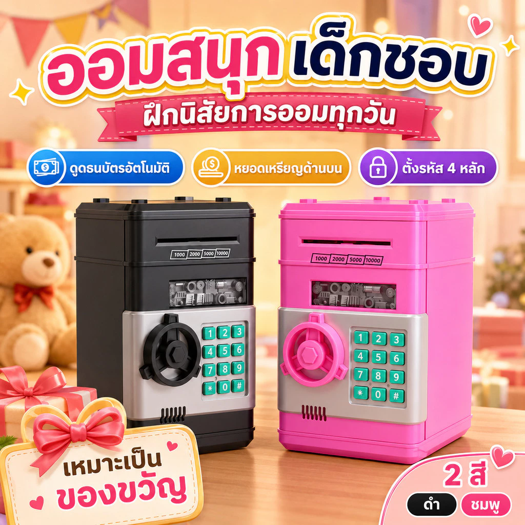 กระปุกออมสินตู้เซฟเด็ก ของเล่นฝึกวินัยการออม ระบบดูดแบงค์มีรหัส ของขวัญวันเด็ก ของขวัญปีใหม่