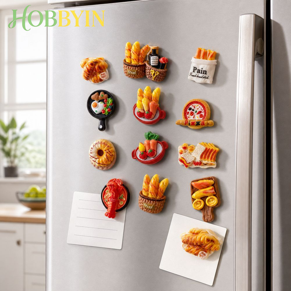 HOBBYIN 12PCS ขนมปังแม่เหล็กตู้เย็น,ขนมปังที่สมจริง Miniature อาหารเบเกอรี่แม่เหล็กอาหาร,เรซิ่นน่ารักการ์ตูนสไตล์แม่เหล็ก Backing ตู้เย็น Memo Display