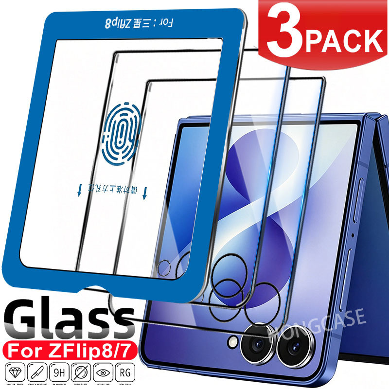 3 ชิ้นบรรจุภัณฑ์ 9D ป้องกันหน้าจอสําหรับ Samsung Galaxy Z Flip 8 7 6 5 Flip8 Flip7 4G 5G คลุมทั้งหมดกระจกนิรภัยใส HD ฟิล์มด้านนอกป้องกันรอยขีดข่วนหน้าจอผ้าไหม