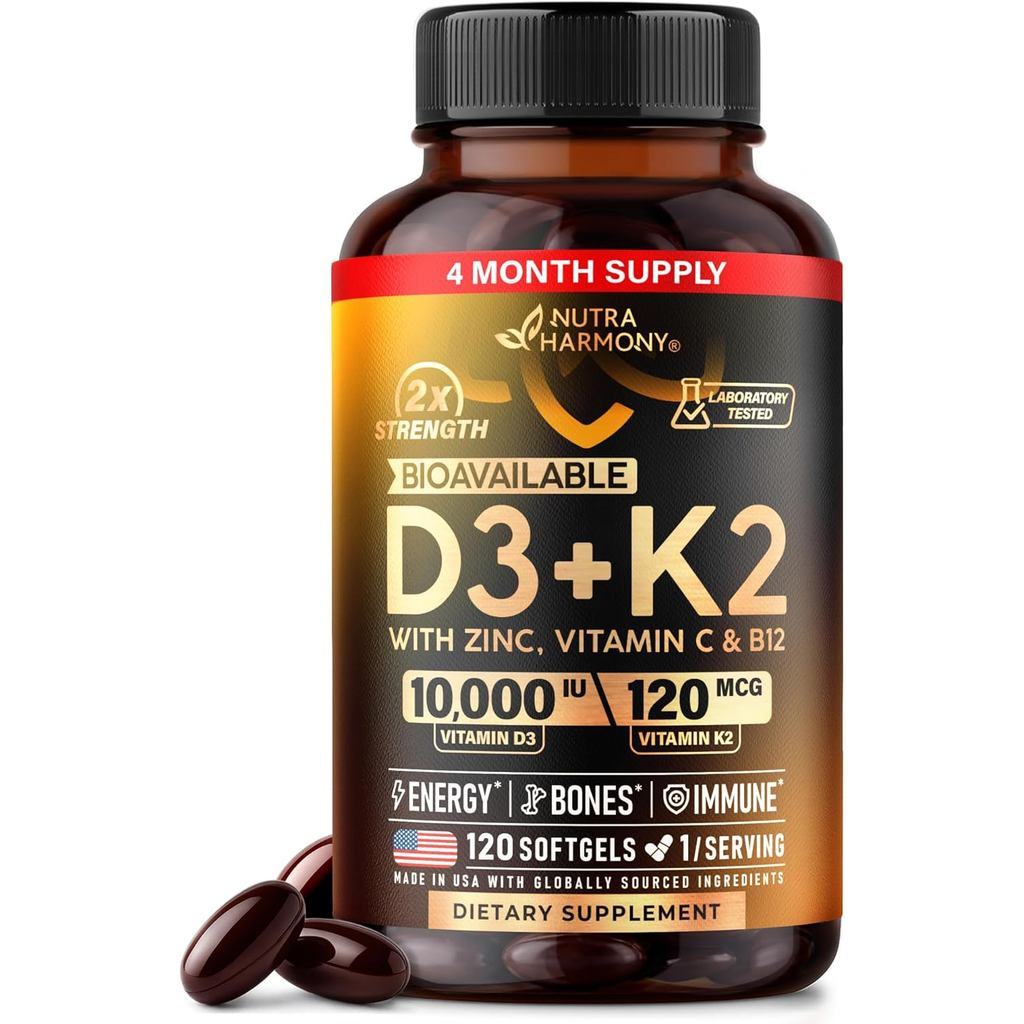 วิตามิน D3 K2 - วิตามิน D3 10000 iu & K2 120 mcg - Immune & Mood Support สําหรับกระดูกและสุขภาพฟัน - พร้อมสังกะสี, วิตามินซี & B12 - มีความเร็วสูง - สําหรับผู้ชายและผู้หญิง - 120 ซอฟเจล