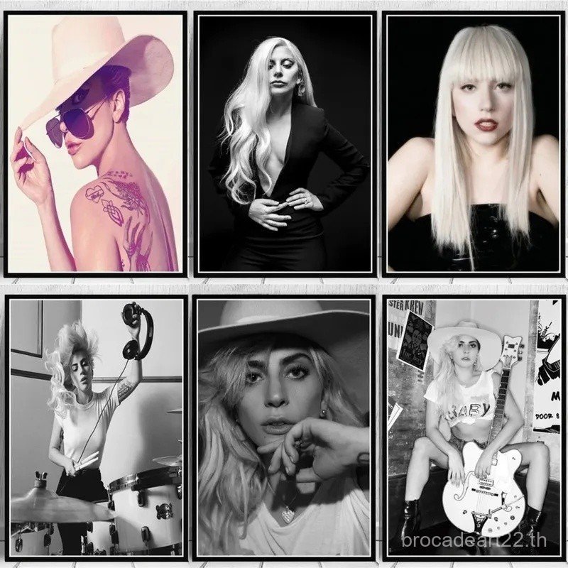 Star โปสเตอร์และพิมพ์นักร้อง Lady Gaga Pop Art ภาพวาดผ้าใบสีดําสีขาวผู้หญิงรูปภาพวาด Home Room Decor