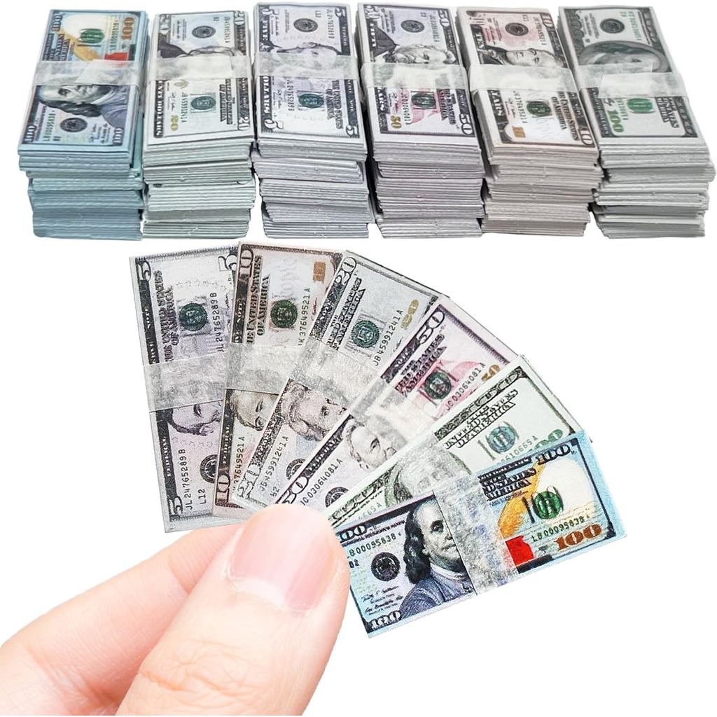 600 ชิ้น 1:12 Miniature Dollar Bills ชุด, Old Tiny ผสม Denominations เงินสําหรับ Mini House, ใหม่