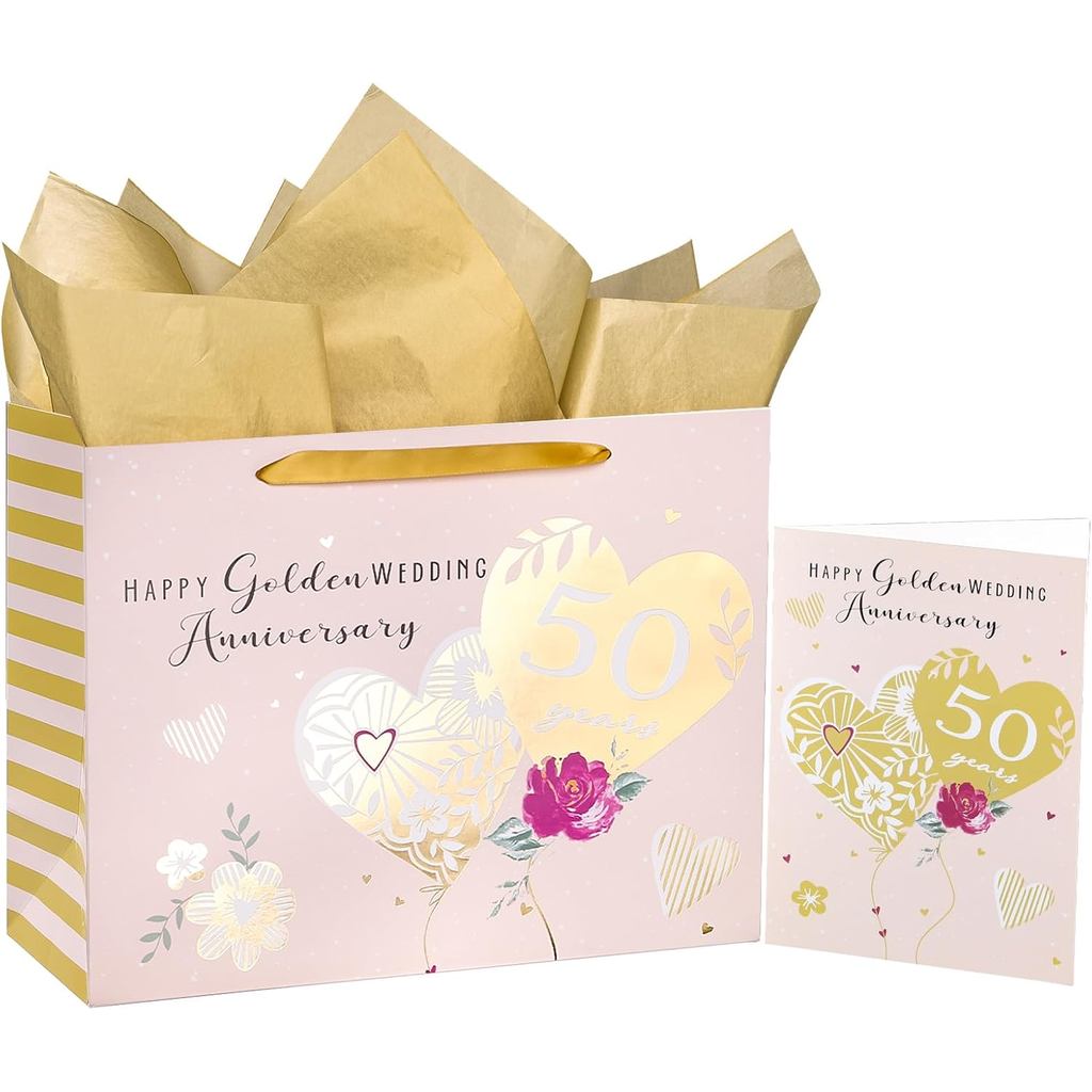 WRAPAHOLIC 13 "ขนาดใหญ่ 50th Anniversary Party Gift Bag พร้อมการ์ดและกระดาษทิชชู่ - 50 ปี Happy Gold