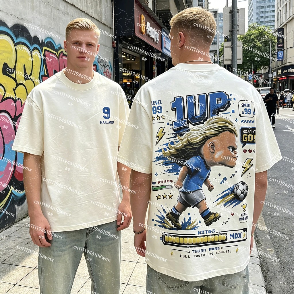 ผ้าฝ้าย Haaland ฟุตบอลกราฟิกเด็กและเด็กลําลองเสื้อยืดดูดซับเหงื่อเด็ก Crewneck ฟุตบอลกีฬา Jersey Tsh