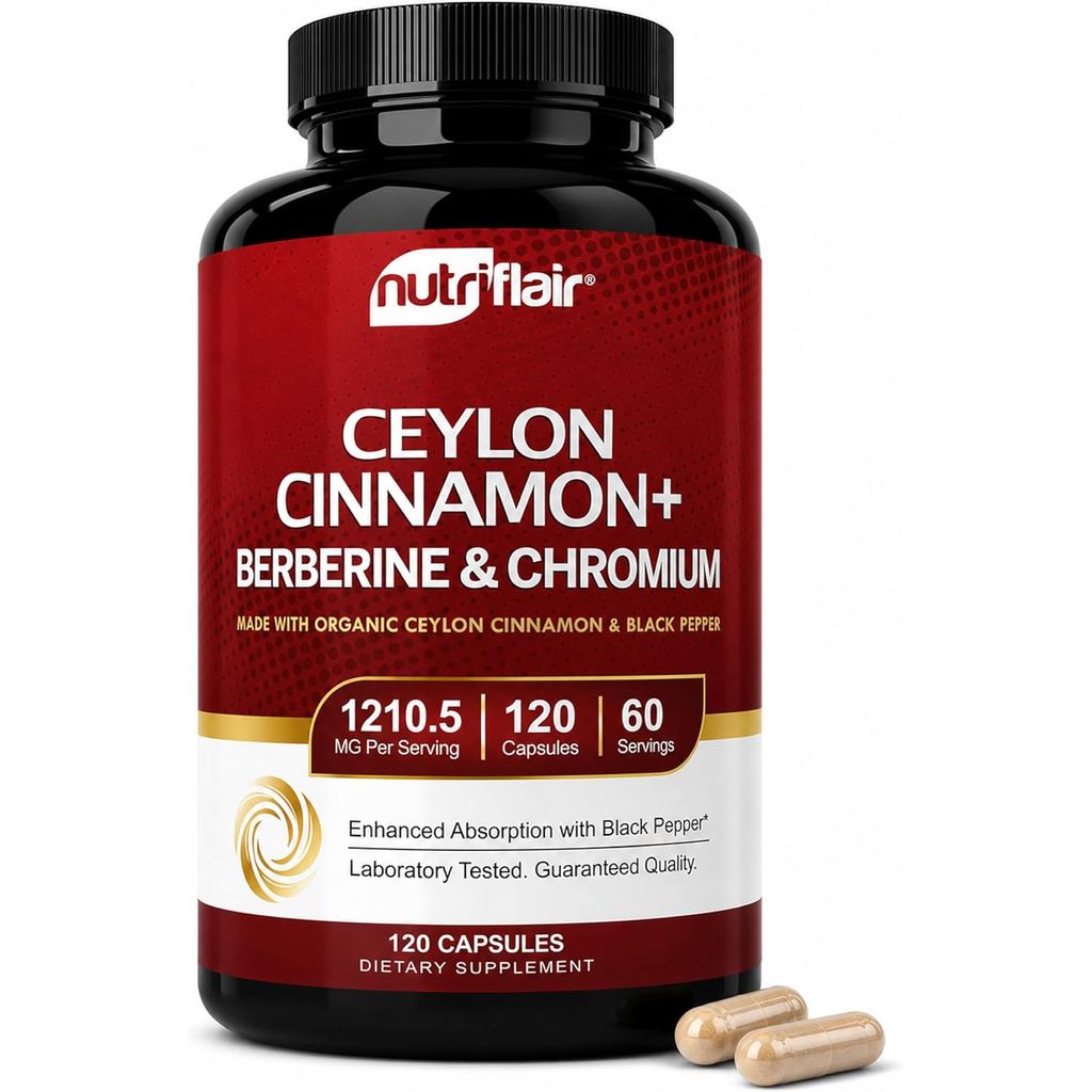 NutriFlair Ceylon Cinnamon, Berberine, โครเมียม 1200mg, 120 แคปซูล | พรีเมี่ยมโบทานิคอลผสมสูตรความเค