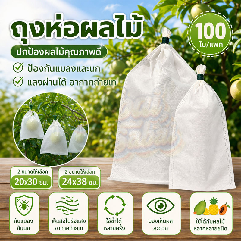 100ใบ ถุงห่อผลไม้ผ้าPP มีเชือกในตัว ป้องกันแมลงวันทองเพลี้ย กันแดด ไม่ขังไอน้ำ ใช้ซ้ำได้ ห่อมะม่วง ฝรั่ง ชมพู่ น้อยหน่า