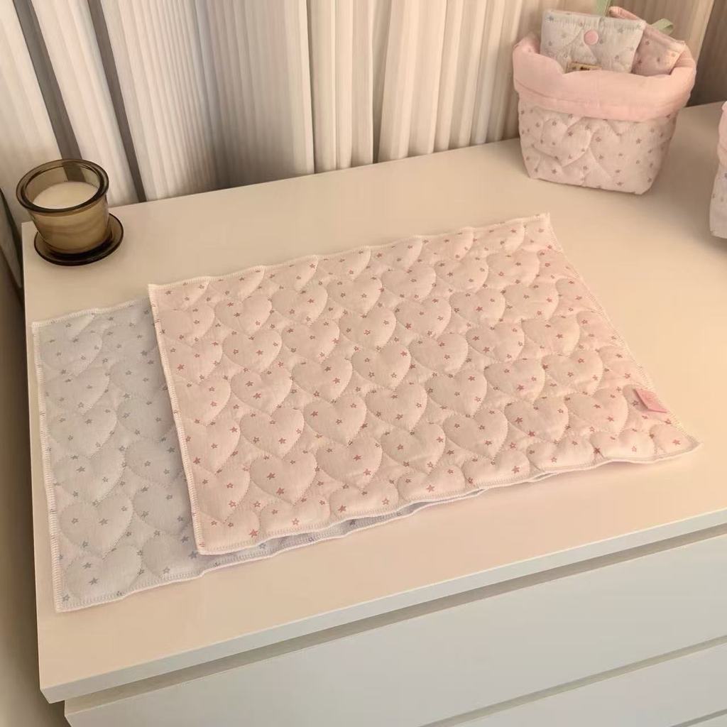 สไตล์เกาหลี ins สไตล์สีชมพู Blue Star Love Polka Dot Quilting Placemat ตกแต่งห้องครัว Photo Props ผ้าพื้นหลัง