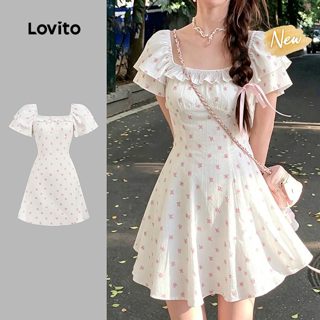 (New Arrival) Lovito ชุดเดรสลําลองสําหรับผู้หญิง มีซิปและระบาย ลายดอกแอปริคอต เหมาะสําหรับฤดูใบไม้ผลิและฤดูร้อน เกาหลี อินเทรนด์ L197AD120
