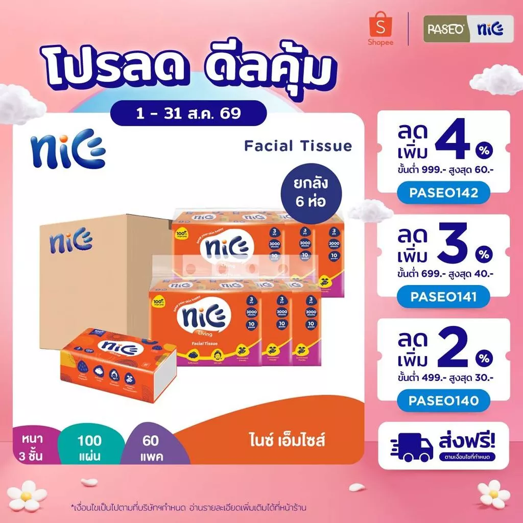 (ยกลัง 6 แพ็ค) Nice ไนซ์ เอ็มไซส์ กระดาษเช็ดหน้า ขนาดกลาง หนา 3 ชั้น 100 แผ่น แพ็ค 10 ห่อ (ทิชชู่ กระดาษทิชชู่) x 6