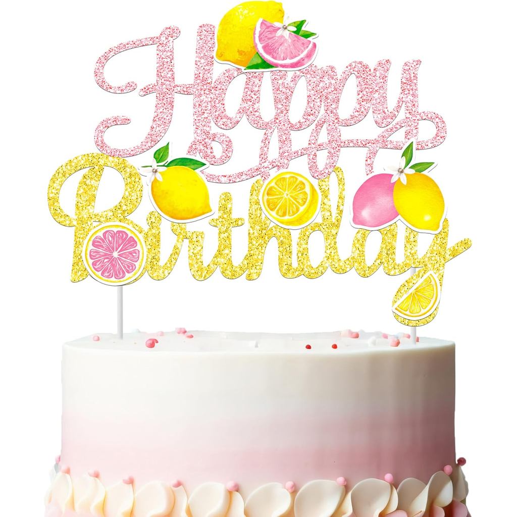 Pink & Gold Glitter Lemon Happy Birthday Cake Topper - สีชมพูสีเหลืองมะนาว Slice เค้กตกแต่งสําหรับฤด