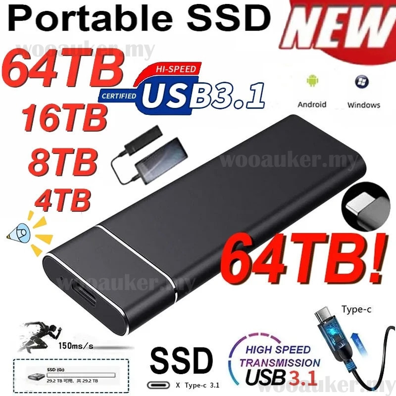 แบบพกพา SSD 64TB ฮาร์ดดิสก์ภายนอก 128TB สําหรับการจัดเก็บข้อมูล 16TB Moblie ฮาร์ดดิสก์สําหรับแล็ปท็อ