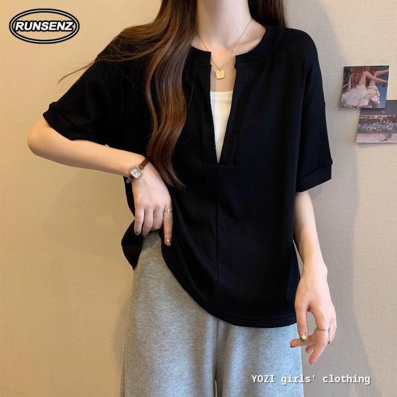 M-4XL แฟชั่นปลอมสองชิ้น V คอด้านบนผู้หญิง Plus ขนาดเสื้อหลวม