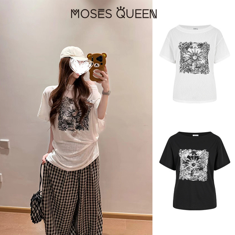 MOSESQUEEN โมเสส ฤดูร้อนใหม่สไตล์ผ่อนคลาย-พอดีแขนสั้นเสื้อยืดน้ําหนักเบาสําหรับผู้หญิงทรงหลวมและกระชับสัดส่วนแฟชั่นเสื้อนอก #64033