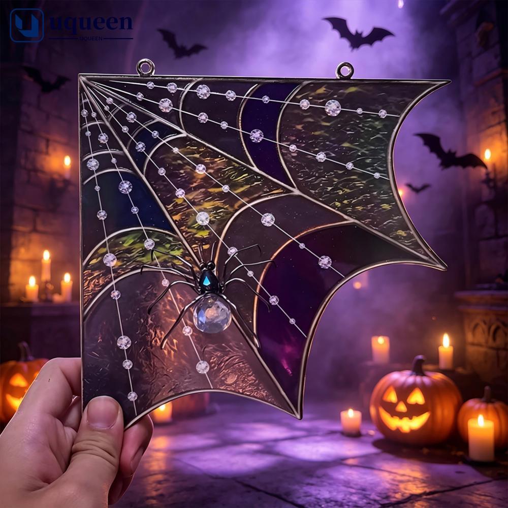 UQUEEN ฮาโลวีน Spiderweb ประตู Topper มุมป้าย Spider Web หน้าต่างแขวนผนังเครื่องประดับกระจกสีสไตล์กร