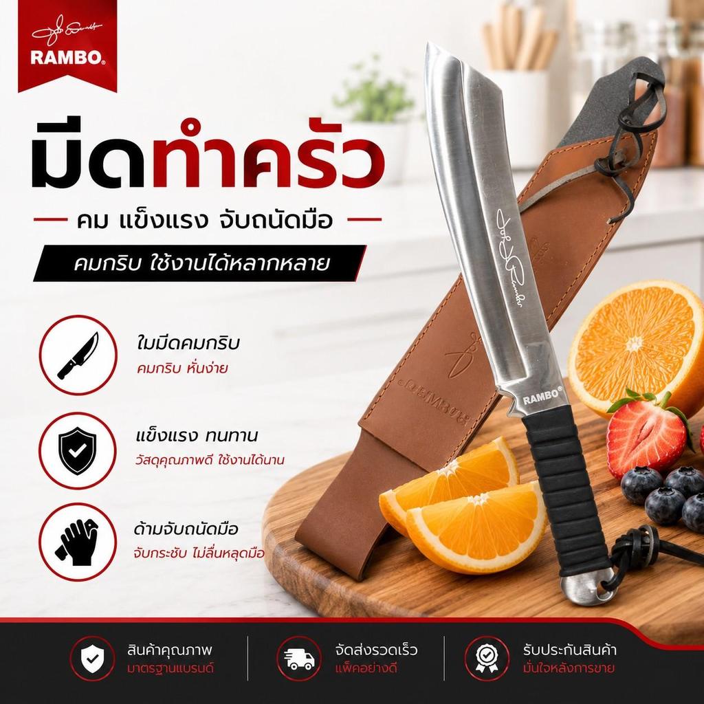 มีดหั่นผลไม้ มีดทำครัว มีดแรมโบ้4 ใบมีดสีเงิน พร้อมปลอกหนัง(RAMBO4)