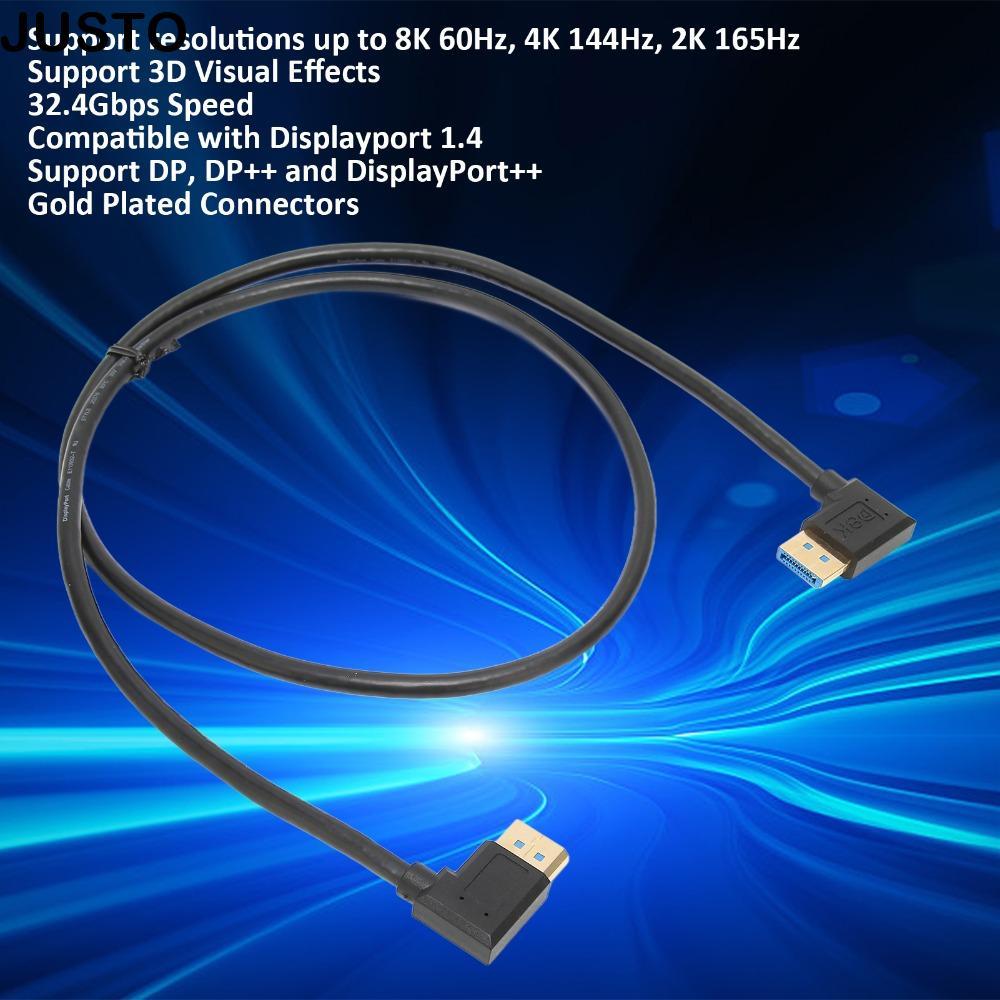 JUSTO 90 องศามุมขวา DP ชายกับสาย DP ชาย, 1.4 32.4Gbps รองรับ 8K 60Hz 4K 144Hz 2K 165Hz DisplayPort, 