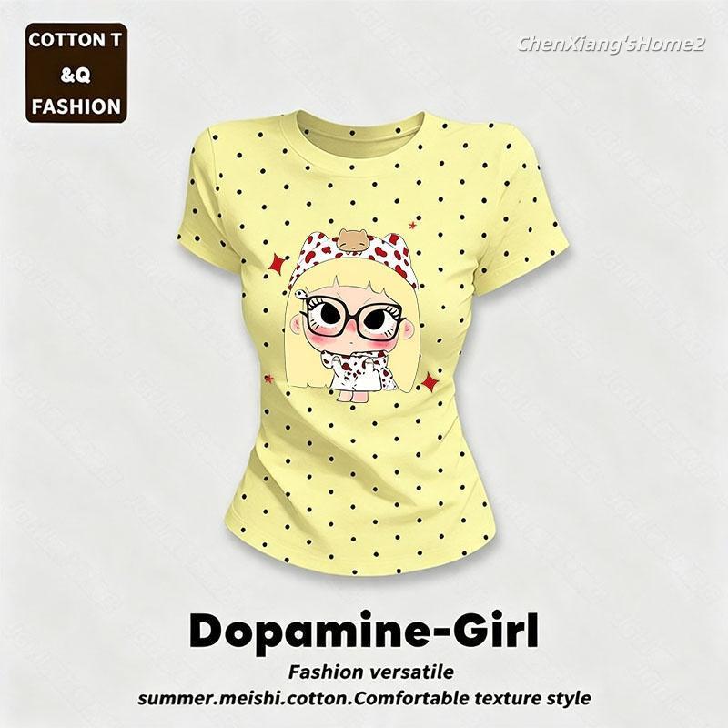 ดีไซน์ล้ำสมัยM-4XL ผ้าระบายอากาศเย็น เสื้อผ้าผู้หญิงไซส์ใหญ่ เสื้อยืดแขนสั้นคอกลม ลายจุด สีเขียวมินต์ สไตล์โดปามีน สบายๆ