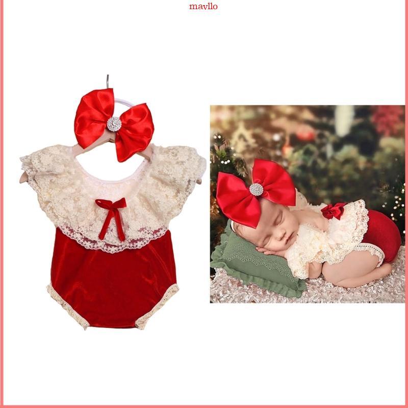 MAVLO 0-1M เด็กผู้หญิง Photo Props Backless Jumpsuits Bowknot แถบคาดศีรษะ Photo เครื่องแต่งกาย