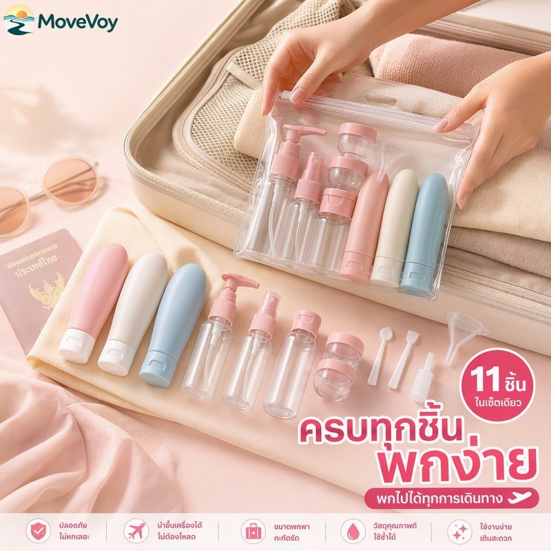 ชุดขวดแบ่งบรรจุเดินทาง 11 ชิ้น ขวดบีบ หลอดครีม กระปุกพกพา กันรั่ว ใส่แชมพู โลชั่น