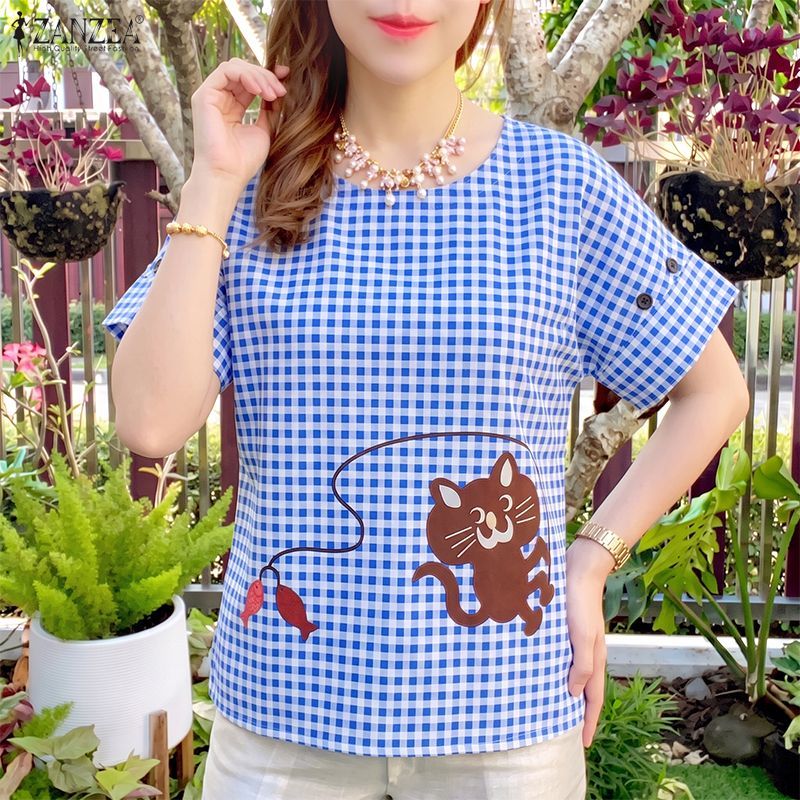 ZANZEA ผู้หญิงเกาหลีวินเทจ Kawaii ลูกเรือคอ Raglan แขนการ์ตูนพิมพ์ลายสก๊อตเสื้อหลวม — صورة 5