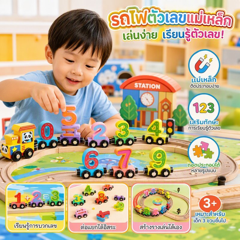 บล็อกไม้ รถไฟแม่เหล็ก ตัวเลข 0 9 ของเล่นเสริมพัฒนาการ ฝึกคณิต บวก ลบ ประกอบรถไฟเด็ก