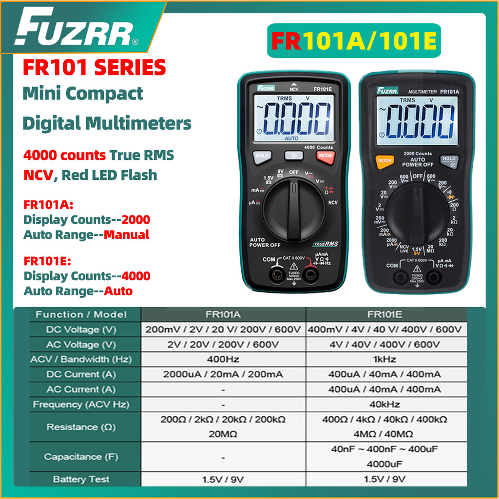 FUZRR FR101A/FR101E Mini Compact True RMS มัลติมิเตอร์แบบดิจิตอล 4000 นับ NCV เครื่องมือช่างไฟฟ้า