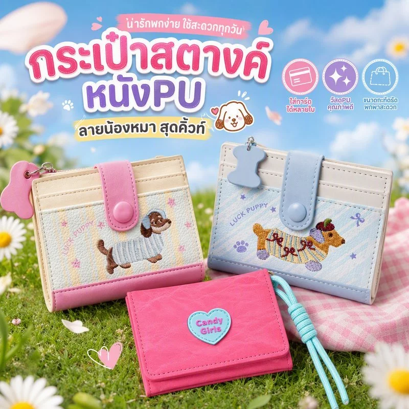 กระเป๋าสตางค์ ลวดลายการ์ตูนน่ารัก หนังPU ขนาดเล็กแบบพกพา พร้อมช่องใส่บัตร สีสดใส สำหรับผู้หญิงและเด็กสาว บัตรเครติต