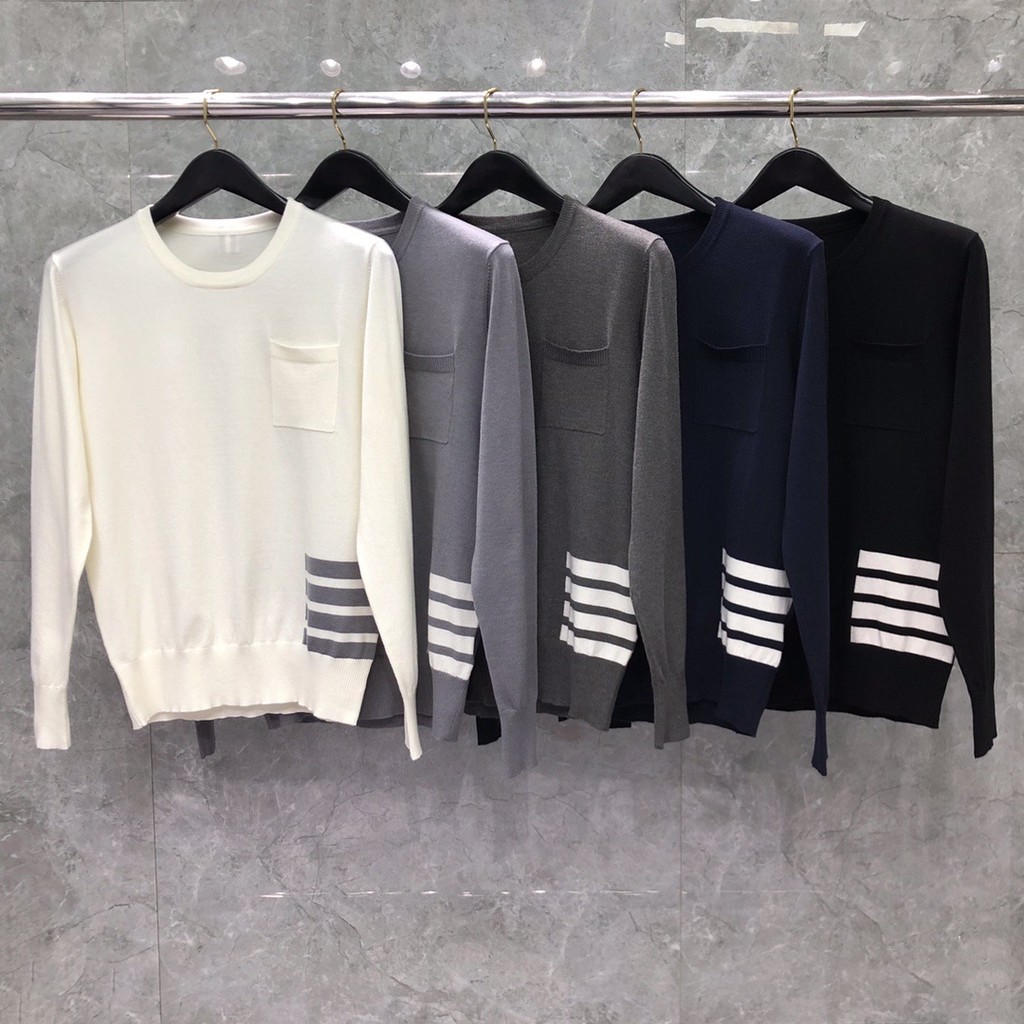 CV2M thhombrowne เสื้อกันหนาวฤดูใบไม้ผลิฤดูใบไม้ร่วงเกาหลีรุ่น Slim บางรอบคอผู้ชายผู้หญิงคู่เสื้อถัก