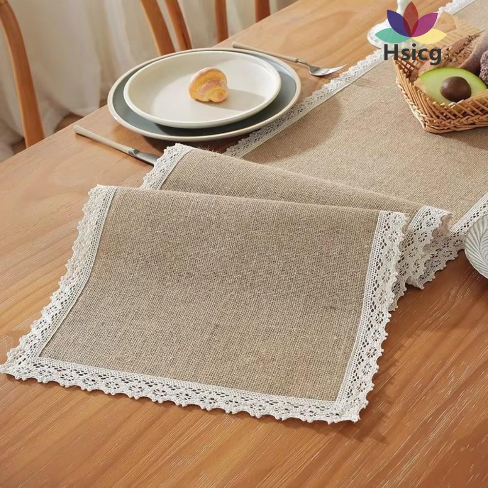 HSICG Jute Table Runner, Lace Trim Jute Burlap Table Runner, 30x180CM|Edges ทอ Texture Farmhouse Tab