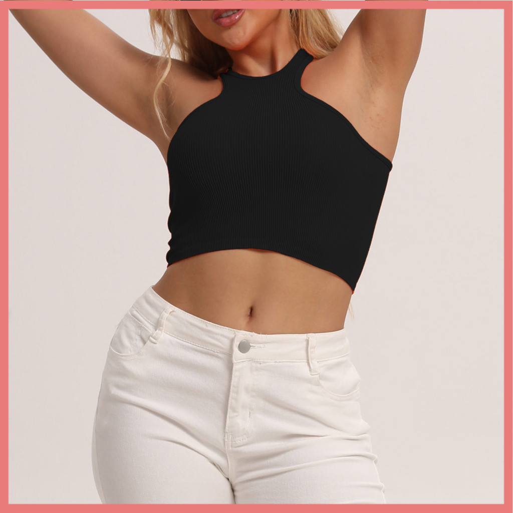[LPA] เสื้อออกกําลังกายสีทึบผู้หญิงs เสื้อกั๊กวิ่งแห้งเร็ว O-คอ Ribbed Elastic Fit Tank Top Racerbac