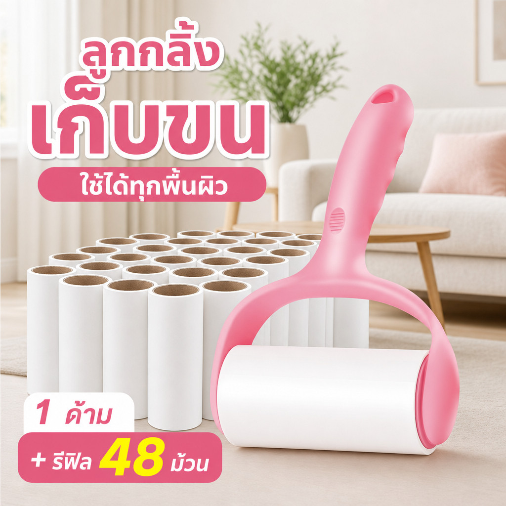 [1 ด้าม + รีฟิล48ม้วน]ลูกกลิ้งกำจัดขน เก็บขนและฝุ่น ลูกกลิ้งกำจัดขนสัตว์เลี้ยง ที่ทำความสะอาดขนแมว,หมา สุนัข ราคาถูก