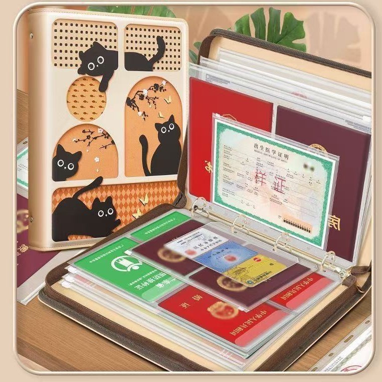 น่ารัก Black Cat Pattern A4 Zipper ID Storage Bag Card Holder File Account Book Vaccine Book Etc. หน