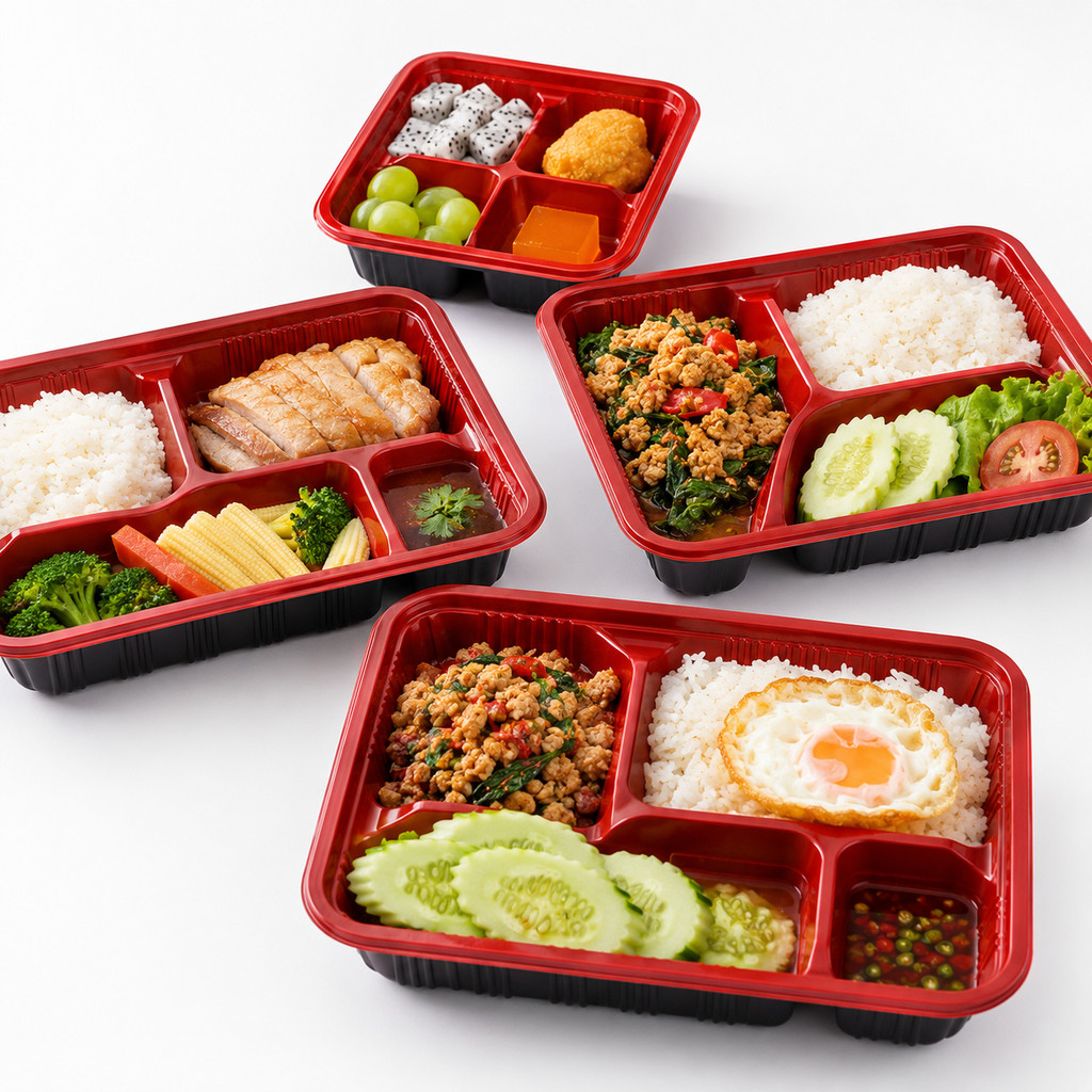 กล่องเบนโตะพร้อมฝา กล่องอาหารแบ่งช่อง 1-5 ช่อง ใส่ข้าว อาหารเดลิเวอรี ร้านอาหาร พร้อมส่ง ราคาส่ง COD
