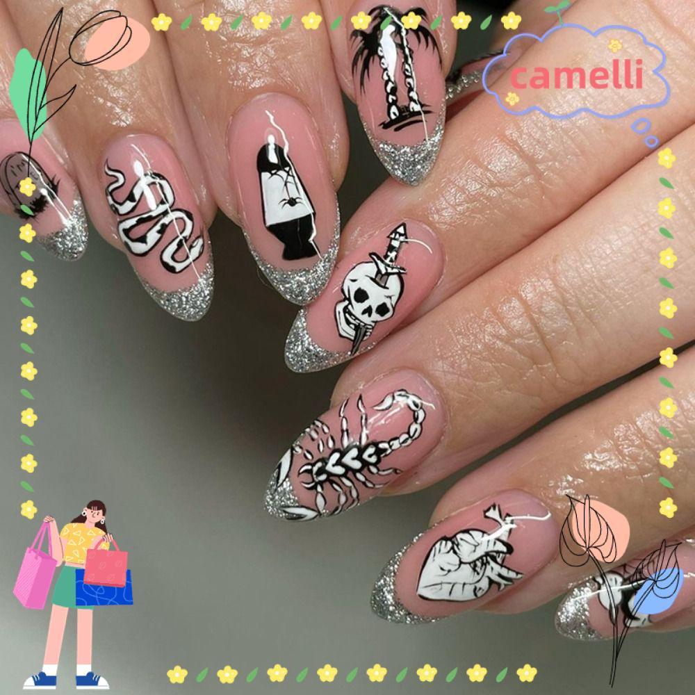 CAMELLI เล็บปลอม, Snake Skull Fake Nials, Nails French Long Almond ที่ถอดออกได้กดบนเล็บฮาโลวีน
