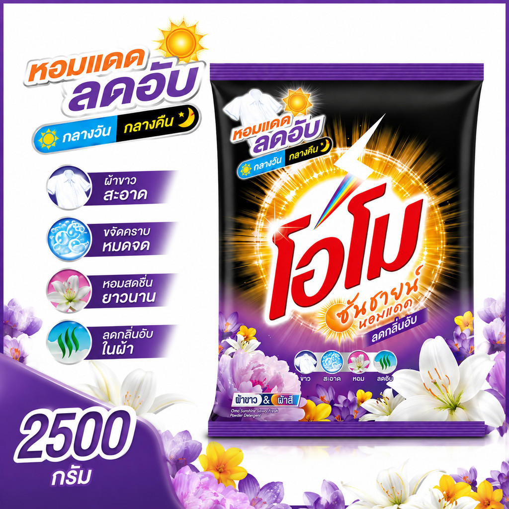 1ถุง โอโม ซันชายน์ ผงซักฟอก ขนาด 2500 กรัม omo sunshine 2500g. โอโม่ซันชายน์  สีดำ หอมแดด ลดกลิ่นอับ