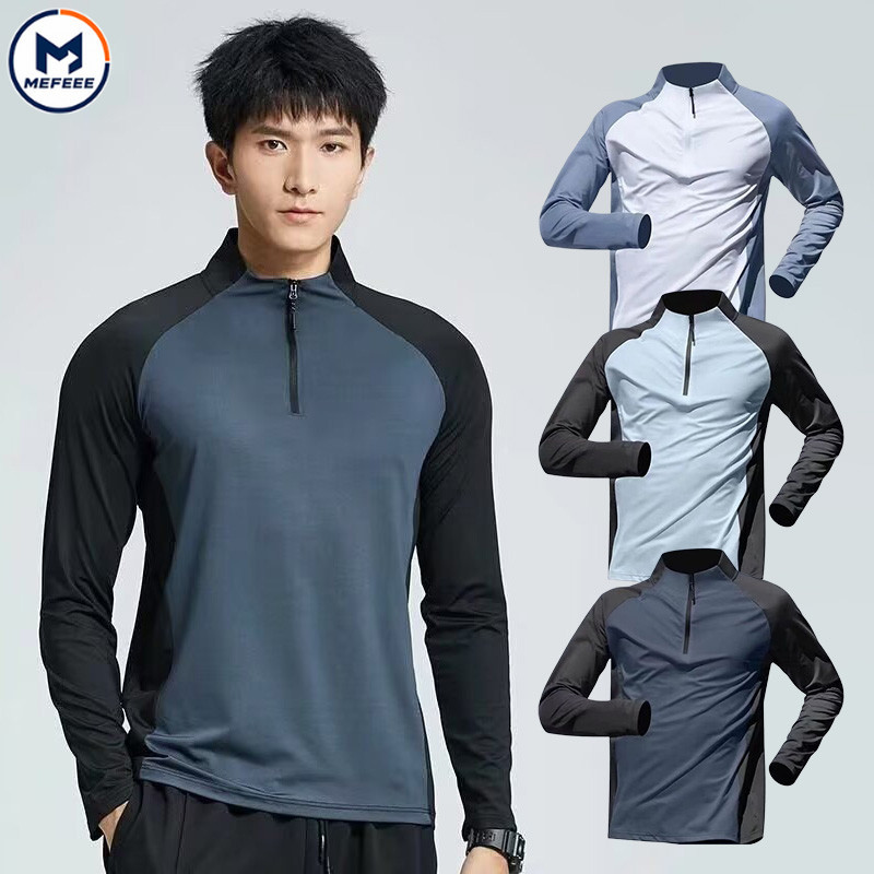 MEFEEE เสื้อยืดแขนยาวสำหรับทั้งชายและหญิง แห้งไว เย็บซิปครึ่ง เหมาะสำหรับกีฬา