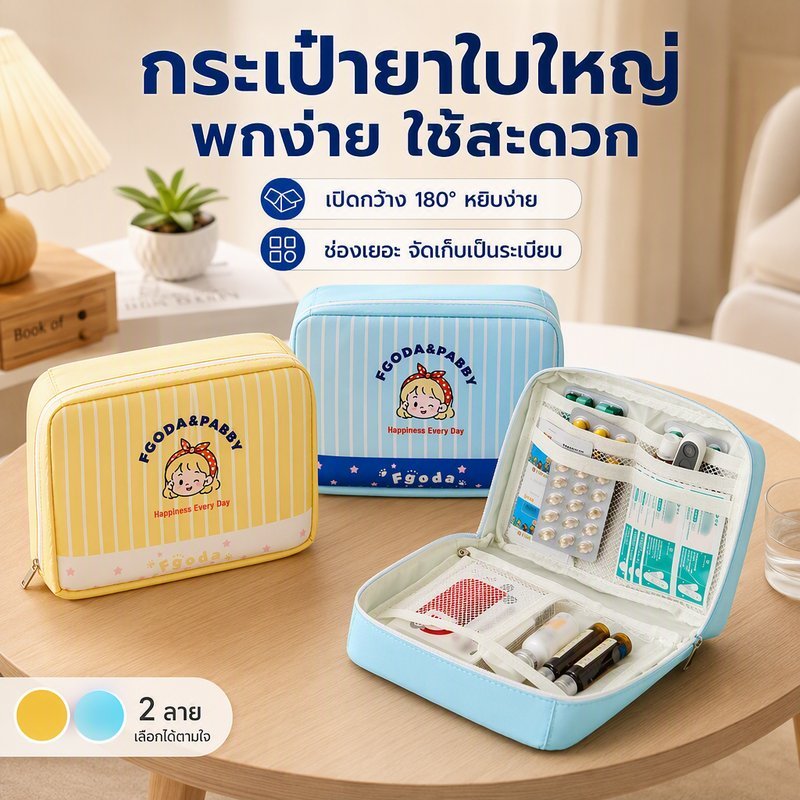 กระเป๋าใส่ยา พกพา ขนาดใหญ่ เปิดกว้าง จัดระเบียบหลายช่อง ซิปปิดรอบ ลายการ์ตูน สำหรับเดินทาง