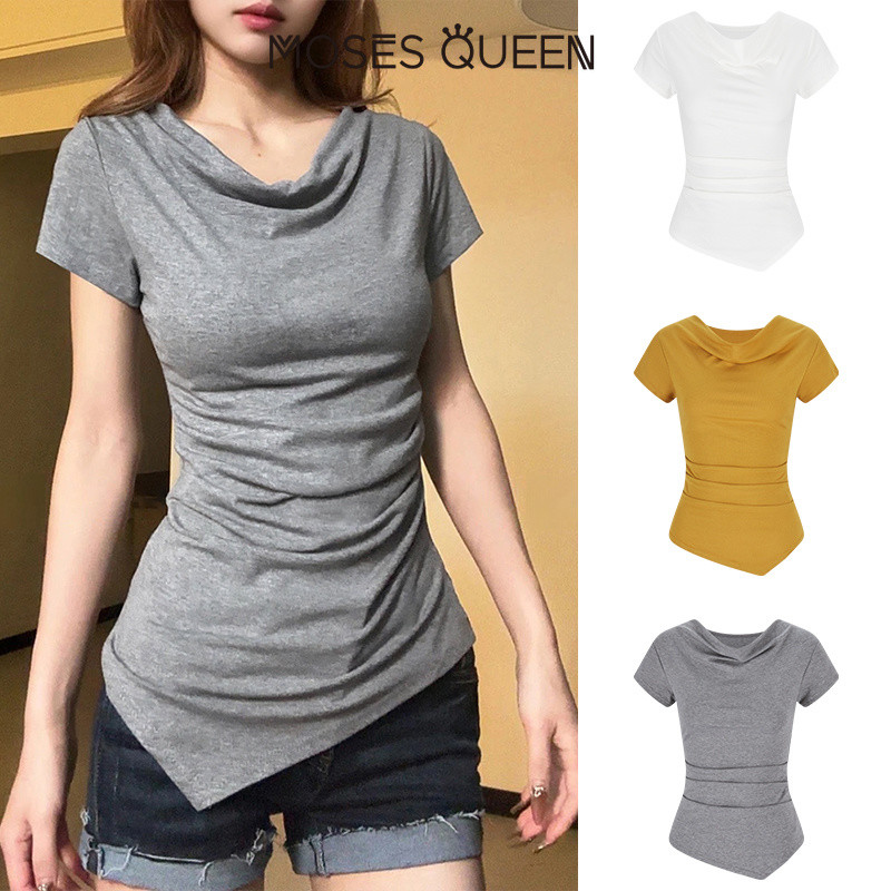MOSESQUEEN ดองเกิล เสื้อครอปแขนสั้นฤดูร้อนของผู้หญิงสไตล์ไหล่พร้อมการออกแบบลดอายุและลดเอวอิ่มฟูสไตล์ที่ไม่ซ้ําใครและน่าดึงดูด #64023