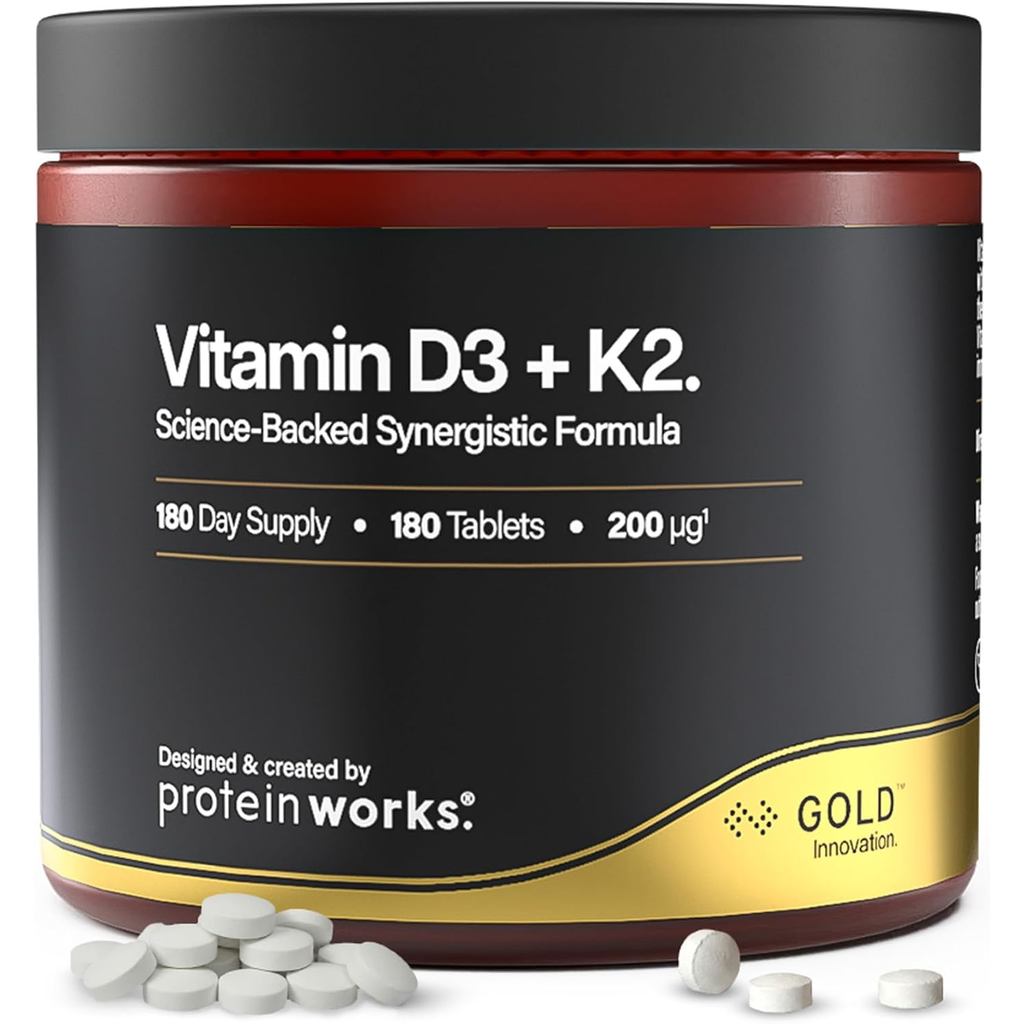 Protein Works วิตามิน D3+K2 - สีทอง ซัพพลาย 6 เดือน 180 เม็ด