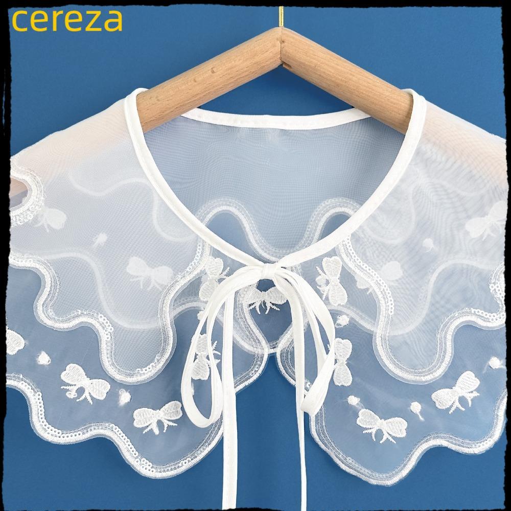 CEREZA เสื้อที่ถอดออกได้, Organza เย็บปักถักร้อย Lace Up ผ้าคลุมไหล่ผู้หญิงลูกไม้, โบว์ปลอมปกชุดสีขาวเสื้อตกแต่ง
