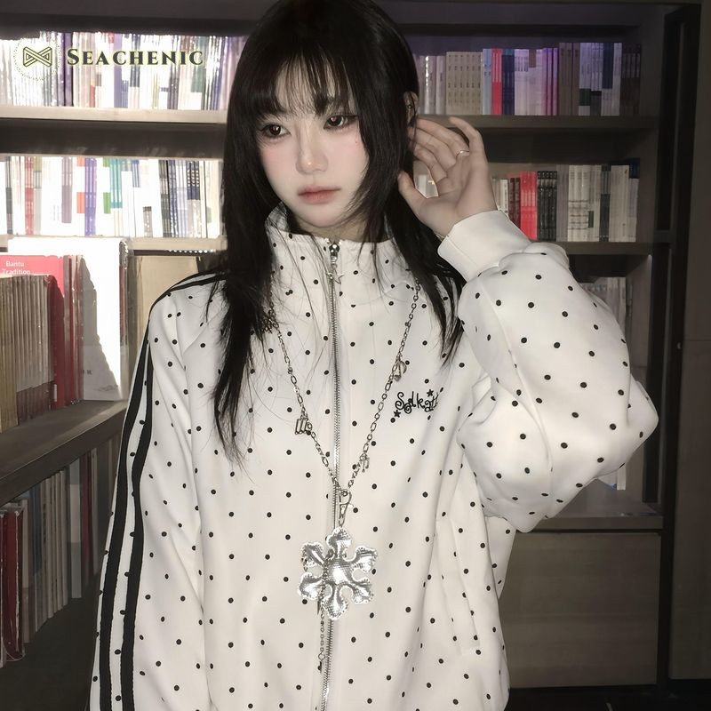 Seachenic Retro Polka Dot Stand Collar Zip-Up Hoodie สําหรับผู้หญิง Y2K Streetwear สไตล์