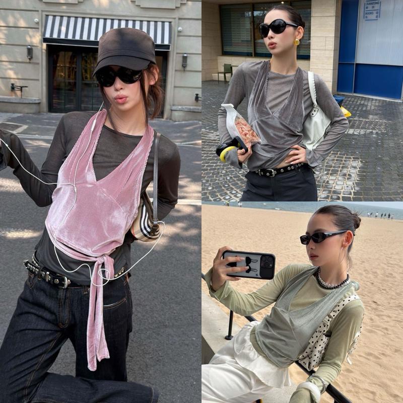 BY0666 2ชิ้น เสื้อแขนยาว+เสื้อคล้องคอผ้ากำมะหยี่ benly co